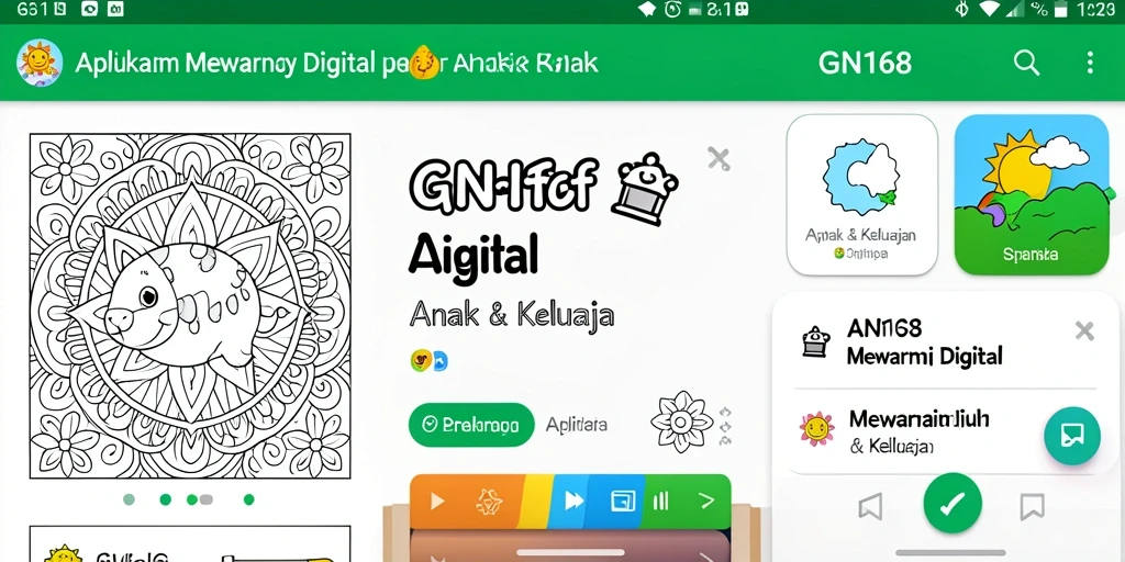 Antarmuka pengguna GN168 dengan pilihan warna cerah dan gambar menarik.