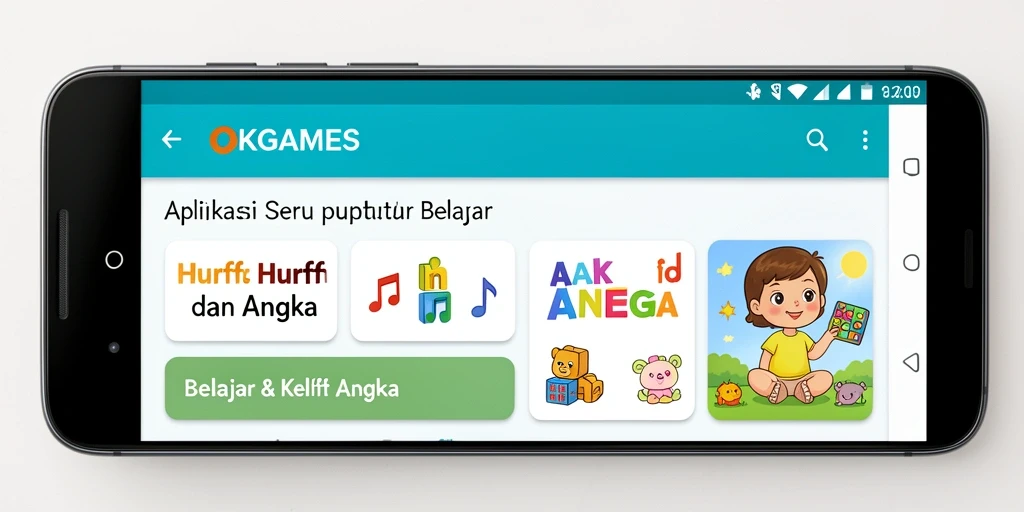 Antarmuka kreatif OKGAMES dengan fitur belajar huruf dan angka.